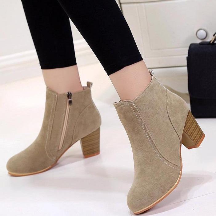 Women stacked chunky high heel round toe ankle boots