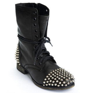 Women lace up boots | Studded chunky low heel high cut black combat boots