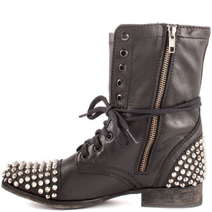 Women lace up boots | Studded chunky low heel high cut black combat boots