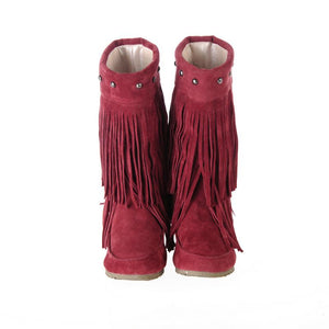 Women studded mid calf slip on fringe boots