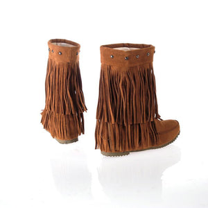 Women studded mid calf slip on fringe boots