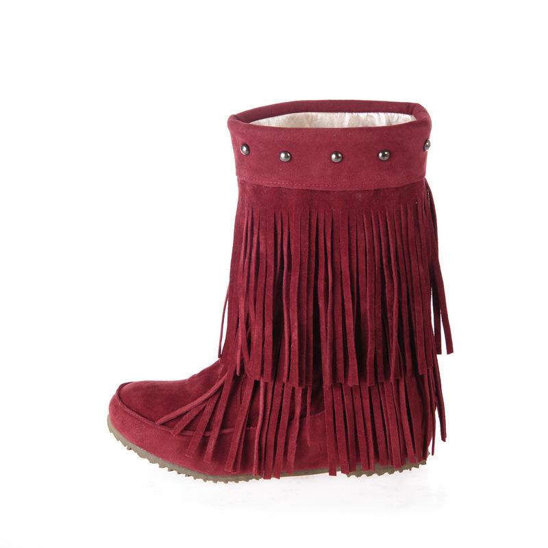 Women studded mid calf slip on fringe boots