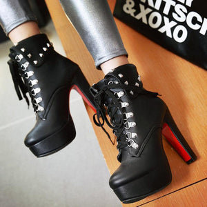 Women Fashion Turn-down Studded Lace Up Platform High Heel Boots