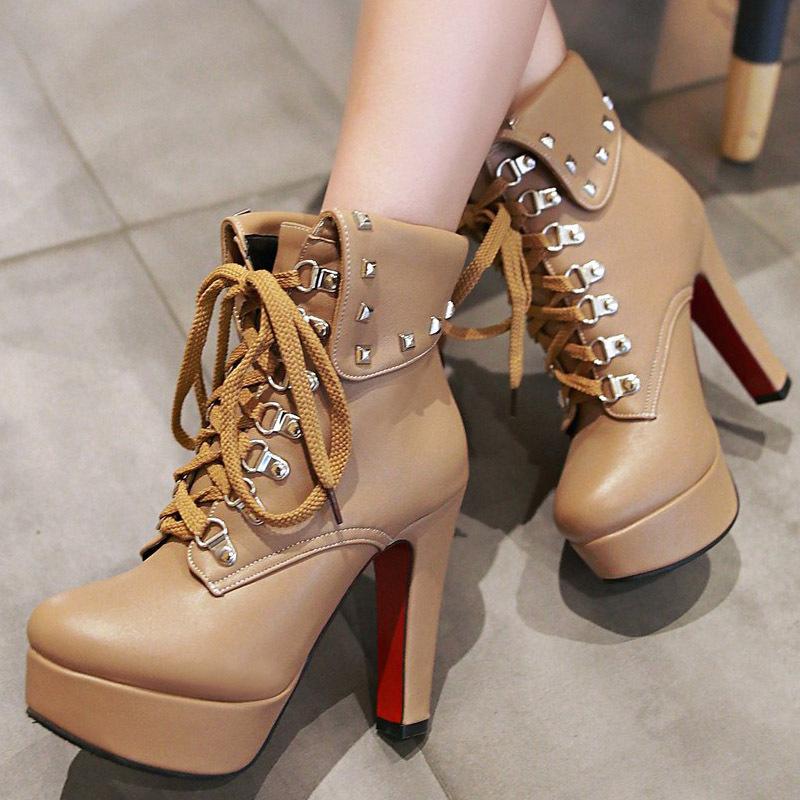 Women Fashion Turn-down Studded Lace Up Platform High Heel Boots