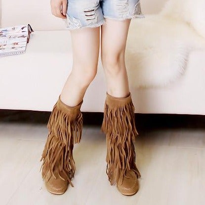 Women mid calf flat solid color slip on fringe boots