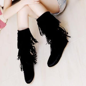 Women mid calf flat solid color slip on fringe boots