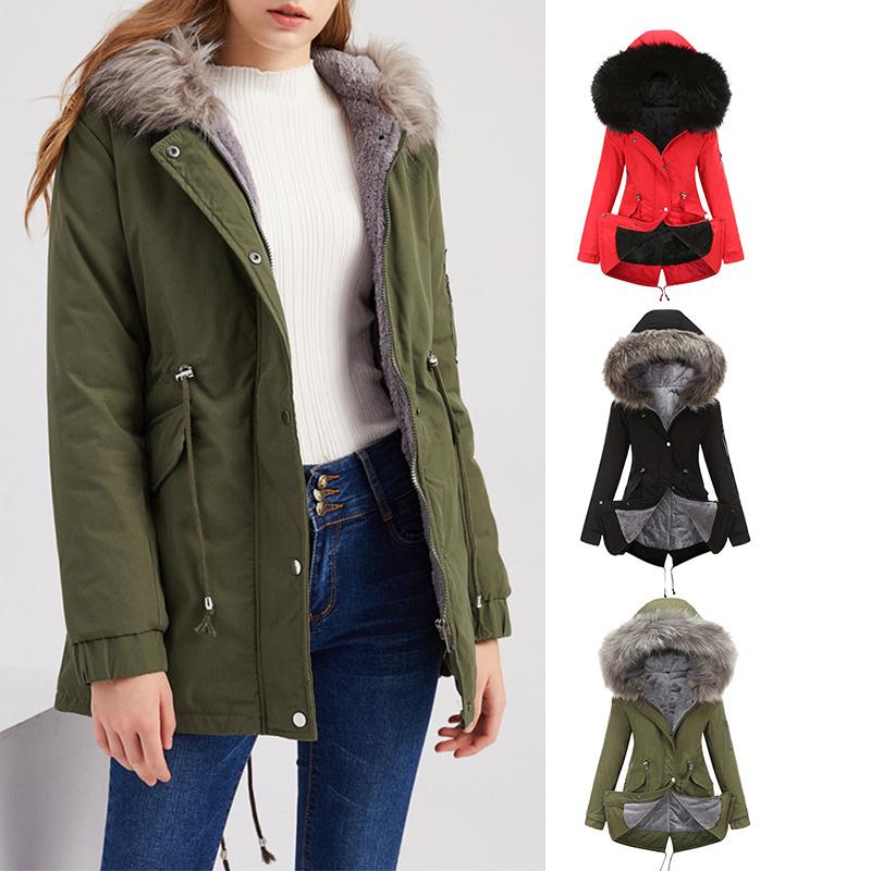 Women's fur collar cotton hooded overcoat winter warm coat with pocket