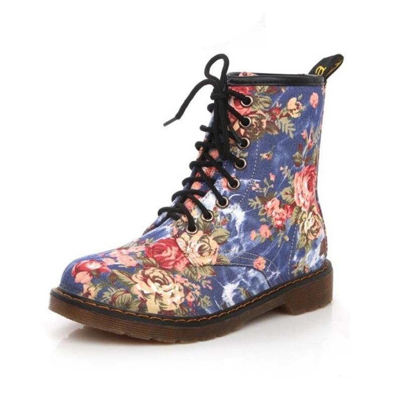 Women Retro Cowboy Floral Printing Flat Heel Platform Lace Up Ankle Boots