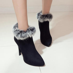 Women winter stiletto high heel pointed toe faux fur ankle boots