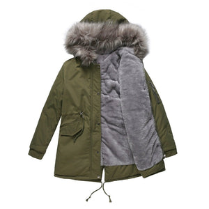 Women's fur collar cotton hooded overcoat winter warm coat with pocket