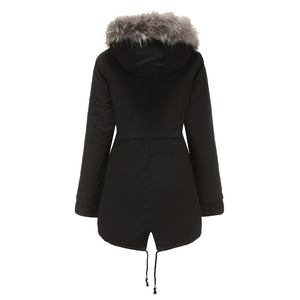 Women's fur collar cotton hooded overcoat winter warm coat with pocket