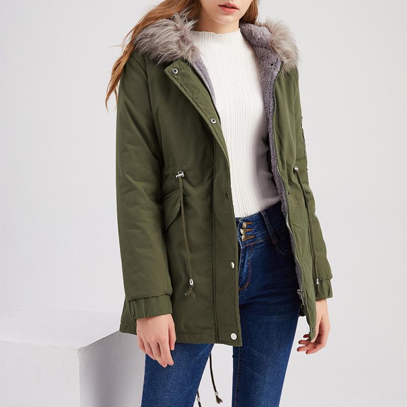 Women's fur collar cotton hooded overcoat winter warm coat with pocket