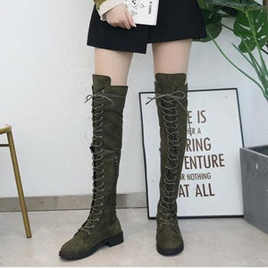 Women's thigh high combat boots low heel lace-up tall boots