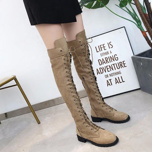 Women's thigh high combat boots low heel lace-up tall boots