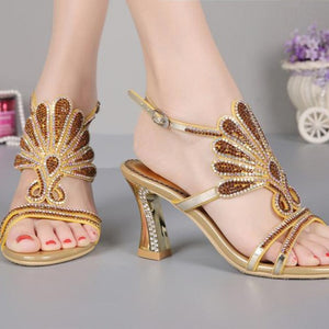 Women rhinestone flower peep toe buckle strap slingback high heels