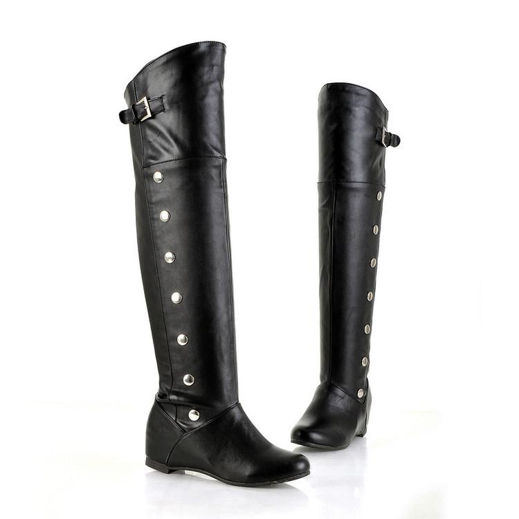 Women studded buckle strap over the knee boots