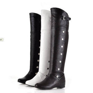 Women studded buckle strap over the knee boots