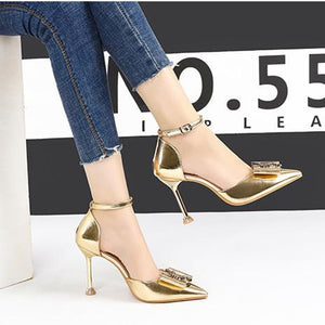 Women bow pointed toe stiletto ankle strap high heels