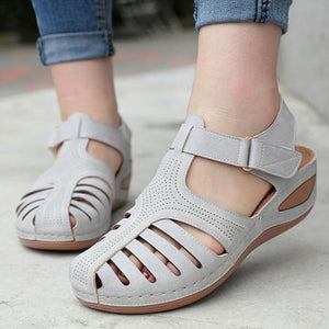 Women summer magic tape 
hollow out closed toe wedge sandals