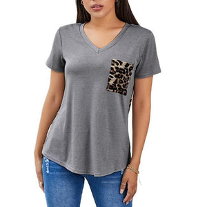 Women leopard pocket v neck short sleeve shirts