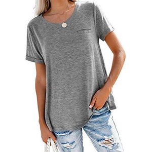 Women summer loose solid pocket short sleeve shirts