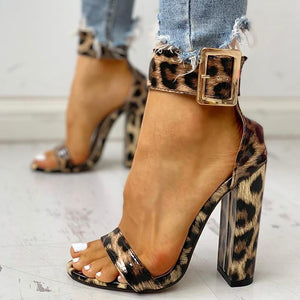 Women peep toe buckle ankle strap printed chunky heels