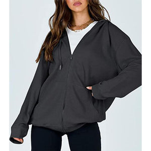 Women winter casual plain zip up hoodie sweatshirt with pockets