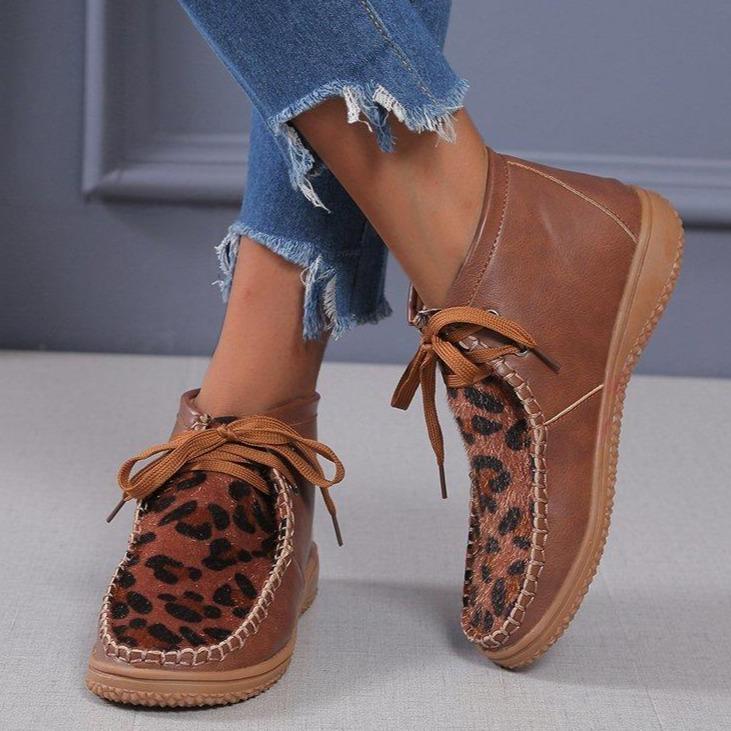 Women ankle flat heel lace up leopard booties