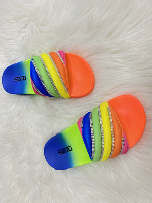 Women Rainbow Rhinestone Wide Slides Summer Slippers