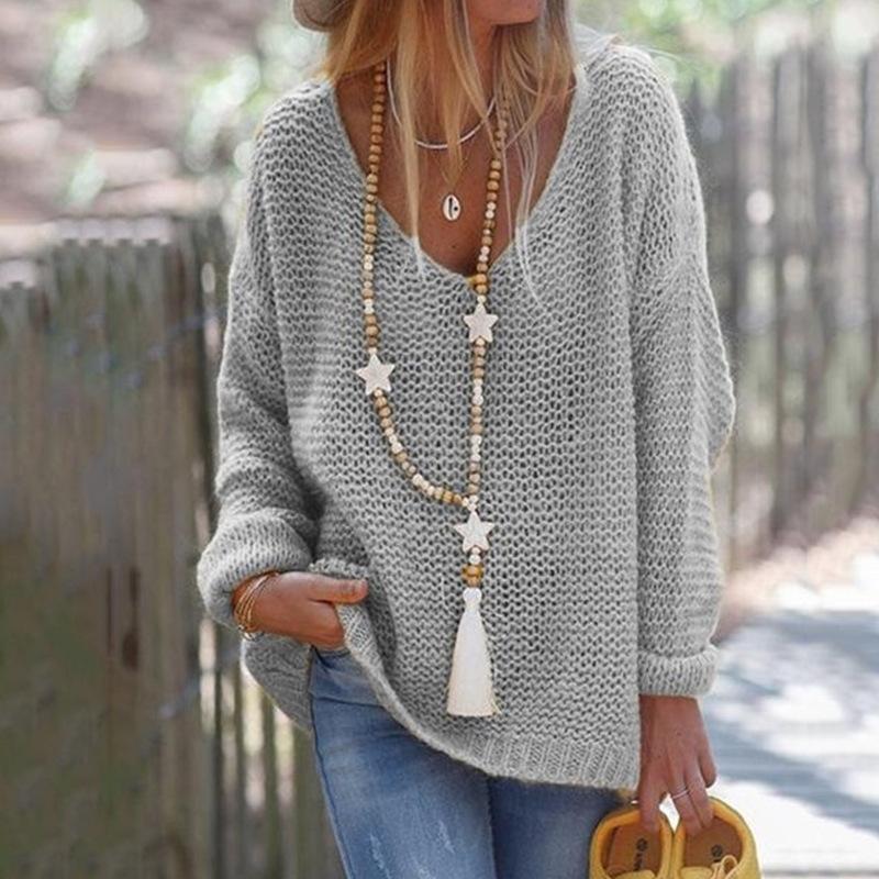 Women fall crochet knit long sleeve v neck sweater