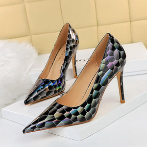 Women pointed toe metal printed mirror stiletto high heels