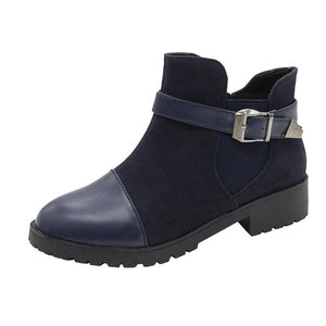 Women color block buckle strap chunky heel ankle boots