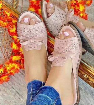 Women bowknot flower hollow one strap peep toe flat slide sandals