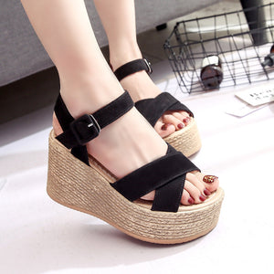 Women criss cross peep toe buckle strap platform wedge sandals