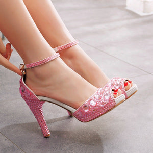 Women rhinestone peep toe wedding prom buckle strap stiletto high heels