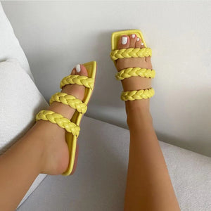 Women woven three strap square peep toe slide flat sandals
