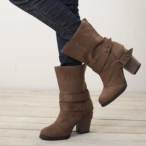 Women winter short buckle strap stacked chunky heel boots