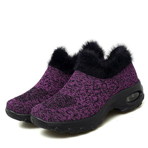 Women knit faux fur platform wedge winter fall sock sneakers