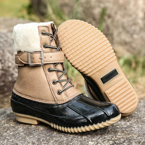 Women highcut plush buckle strap lace up duck boots