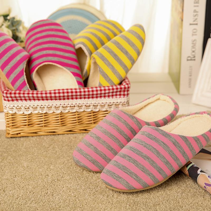 Women's house slippers with arch support striped cotton warm bedroom slippers