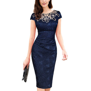 Flower embroidery round neck midi pencil dress evening gowns | Summer sleevesless sheath dress for cocktail party