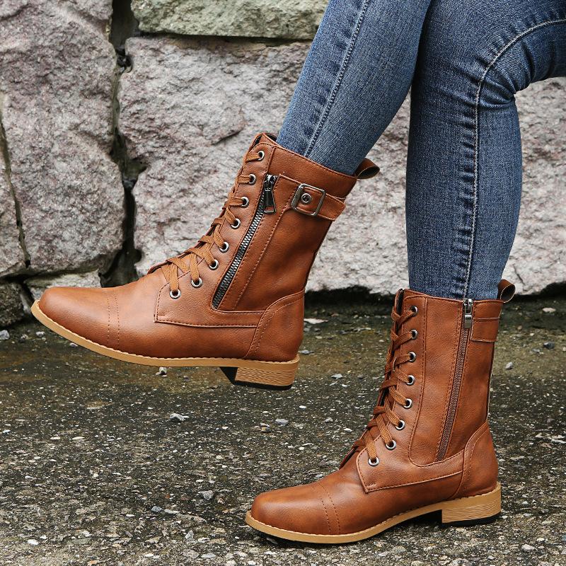 Women flat heel criss cross lace up fashion mid calf boots