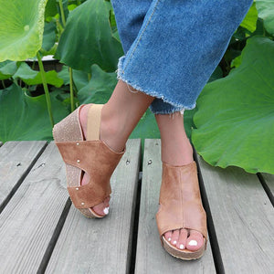Women peep toe high heeled wedge slingback sandals