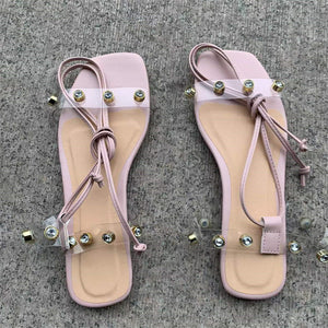 Women strappy lace up clear strap studded summer flat sandals