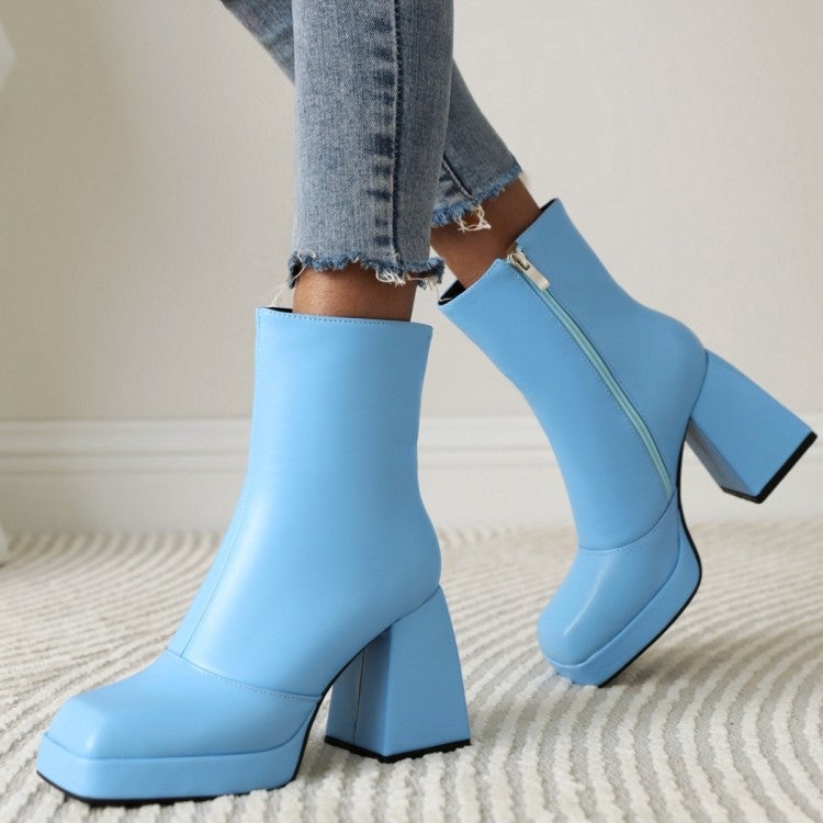 Women short solid color chunky high heel platform boots