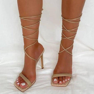 Women square peep toe criss cross lace up strappy heels