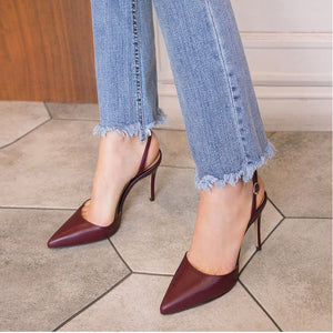 Women solid color buckle strap slingback pointed toe stiletto heels