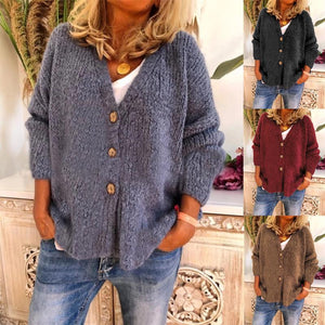 Women's button up cardigan sweater solid color fashion knitted sweater