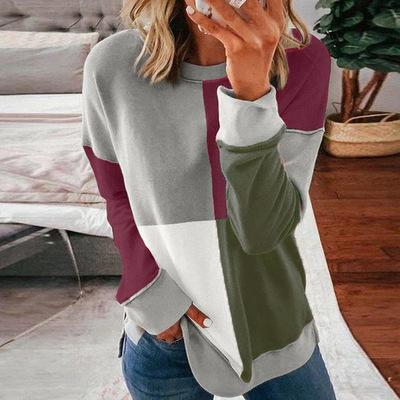 Women color block long sleeve crew neck t shirt