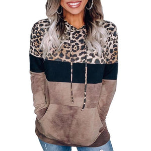 Women knit leopard long sleeve drawstring hoodie sweatshirt